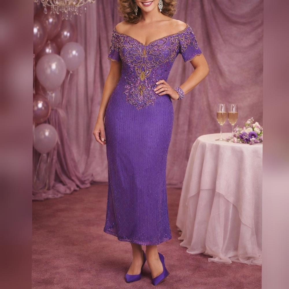 Jasjas Designs Vintage 80s Purple Sequins Silk Prom Party Formal Dress sz 12